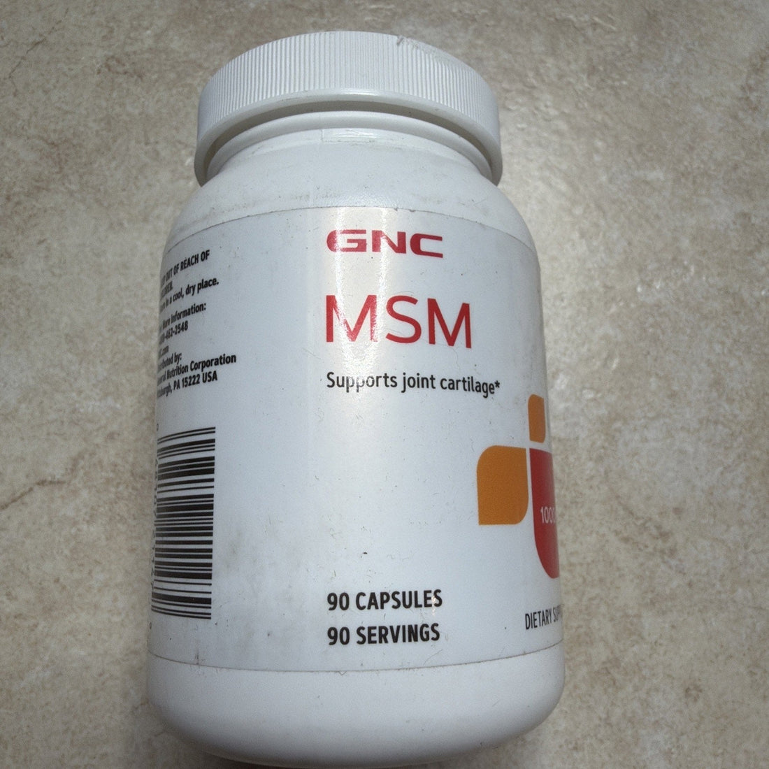 GNC MSM 1000mg capsules, supplement designed to support healthy joint cartilage