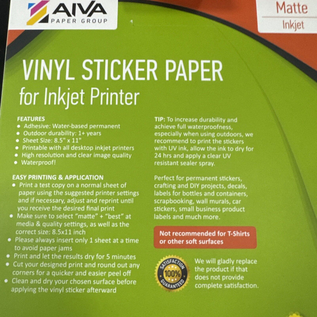 Printable Vinyl Sticker Paper for Inkjet, Matte White, 100 Self-Adhesive Sheets