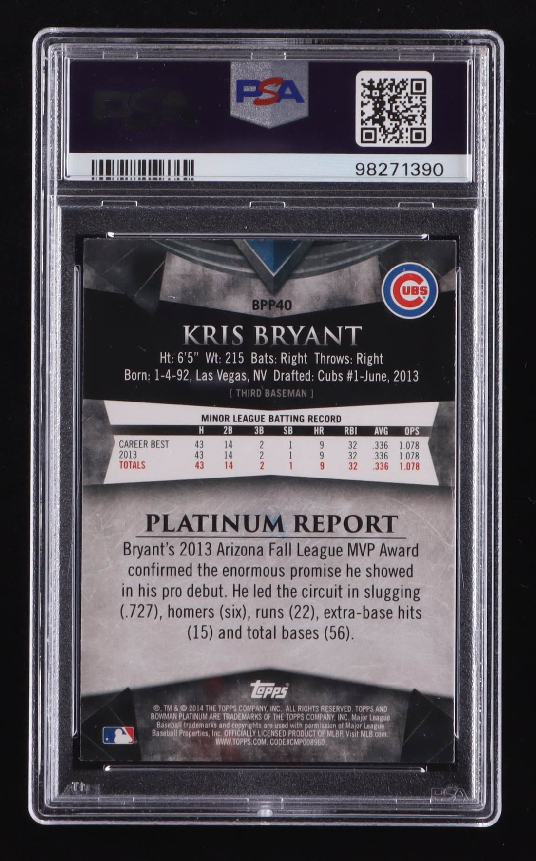 Kris Bryant Signed 2014 Bowman Platinum Prospects #BPP40 RC (PSA | Auto 10) Rookie Card