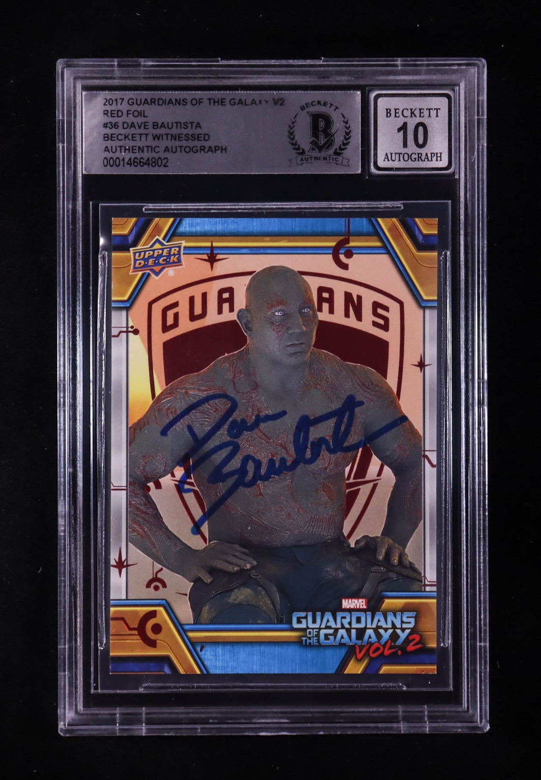 Dave Bautista Signed 2017 Guardians of the Galaxy V2 Red Foil #36 #41/49 (BGS | Auto 10) Autograph Graded 10 | Beckett Witnessed | Serially Numbered #41 / 49