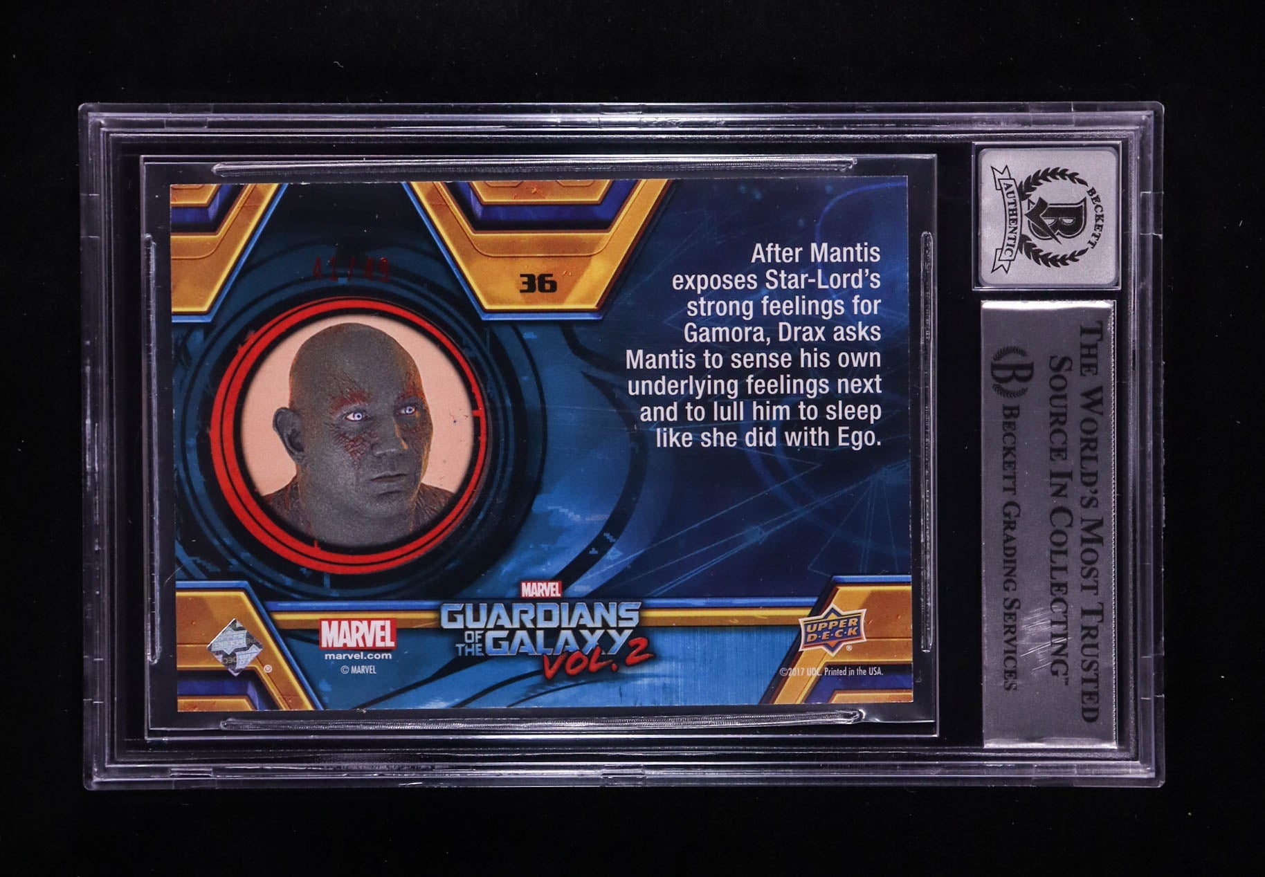 Dave Bautista Signed 2017 Guardians of the Galaxy V2 Red Foil #36 #41/49 (BGS | Auto 10) Autograph Graded 10 | Beckett Witnessed | Serially Numbered #41 / 49
