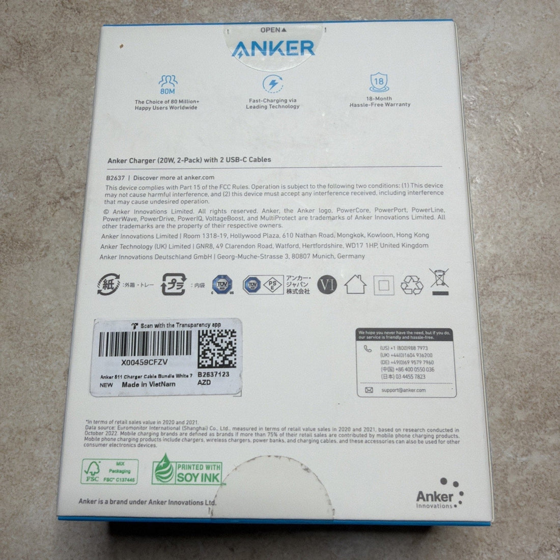 Anker 511 20W USB-C Fast Charger 2-Pack with Cables, White