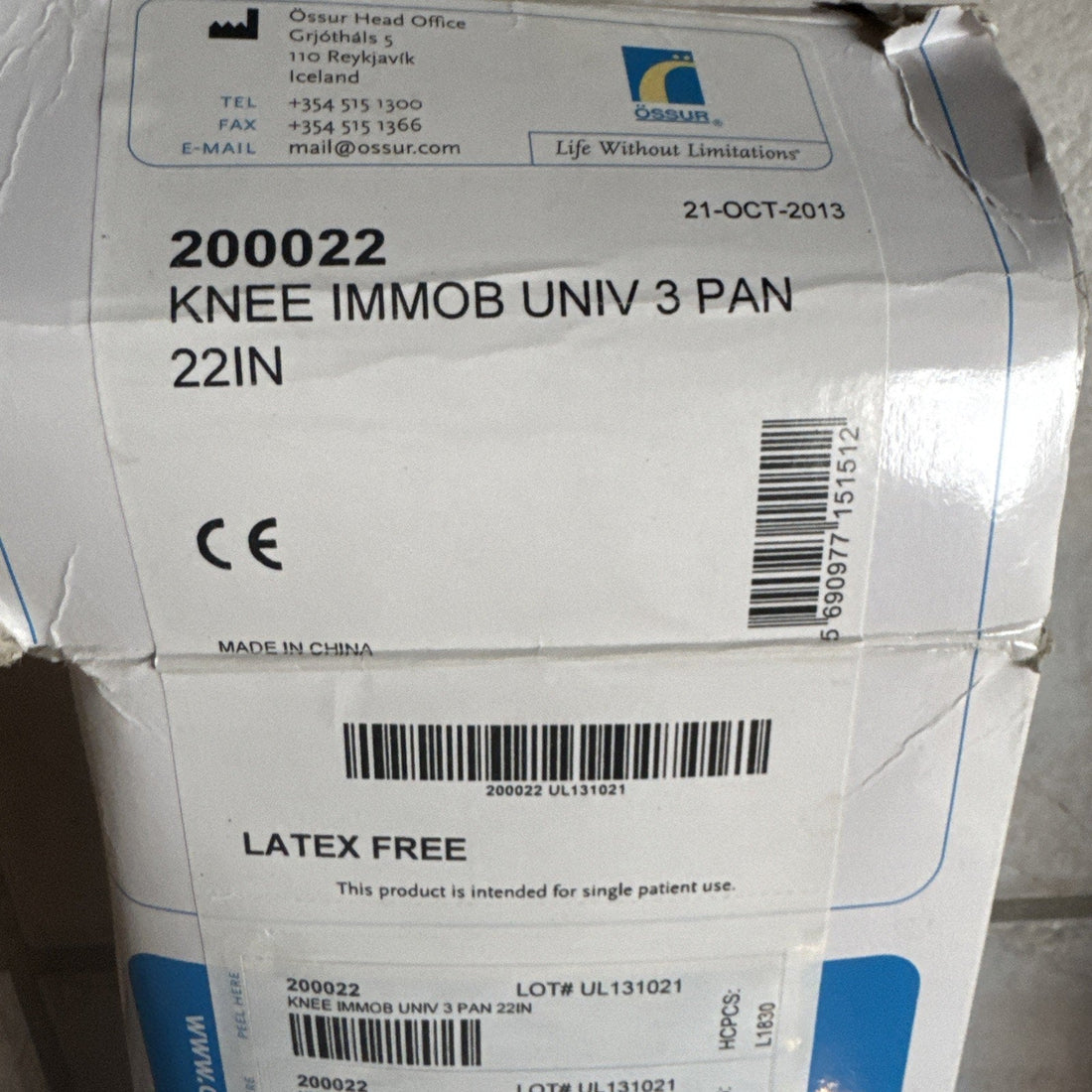 Össur Knee Immobilizer Universal 3-Panel, 22" (Model 200022, L1830 HCPCS)
