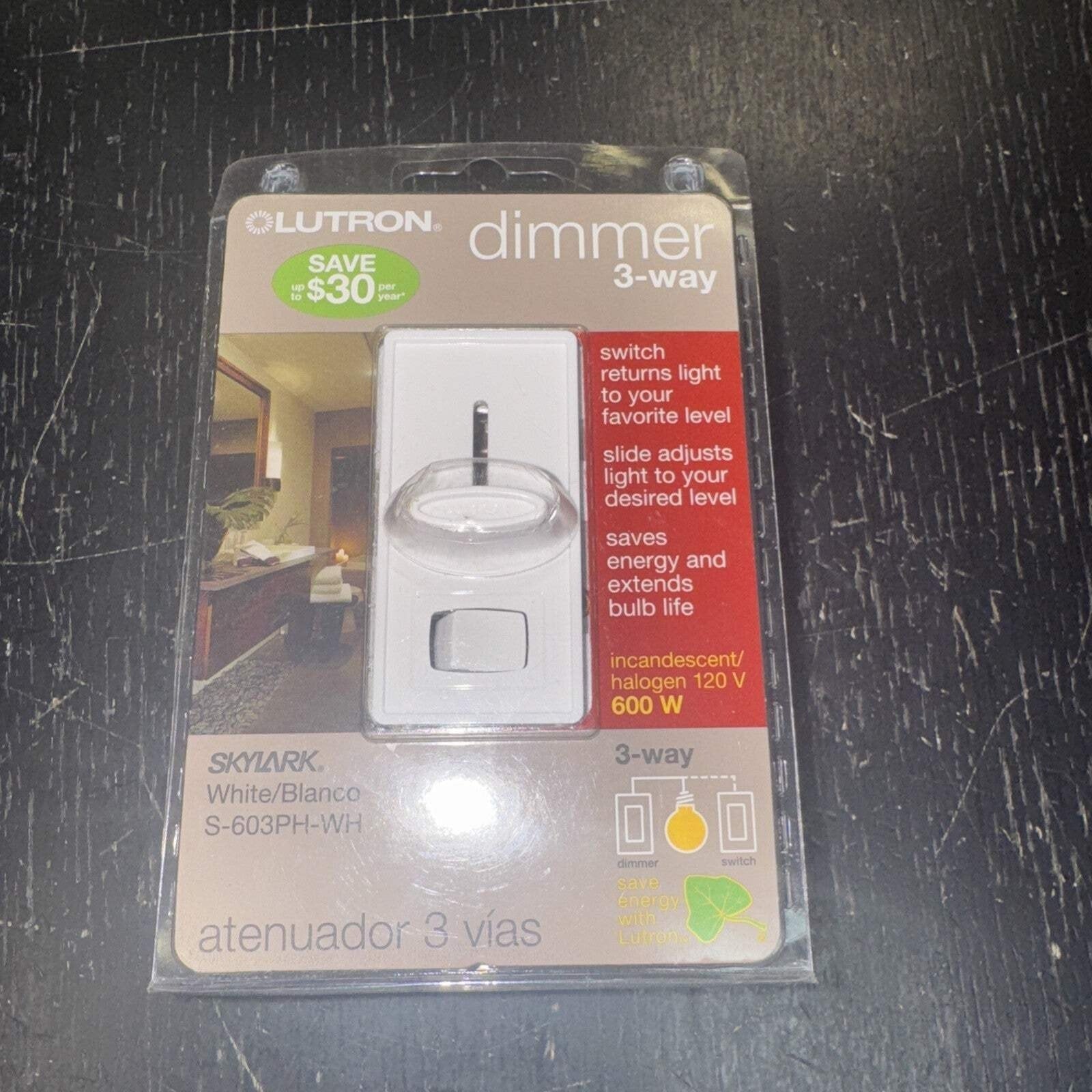 Lutron Skylark S-603PH-WH White 3-Way Incandescent Dimmer Switch