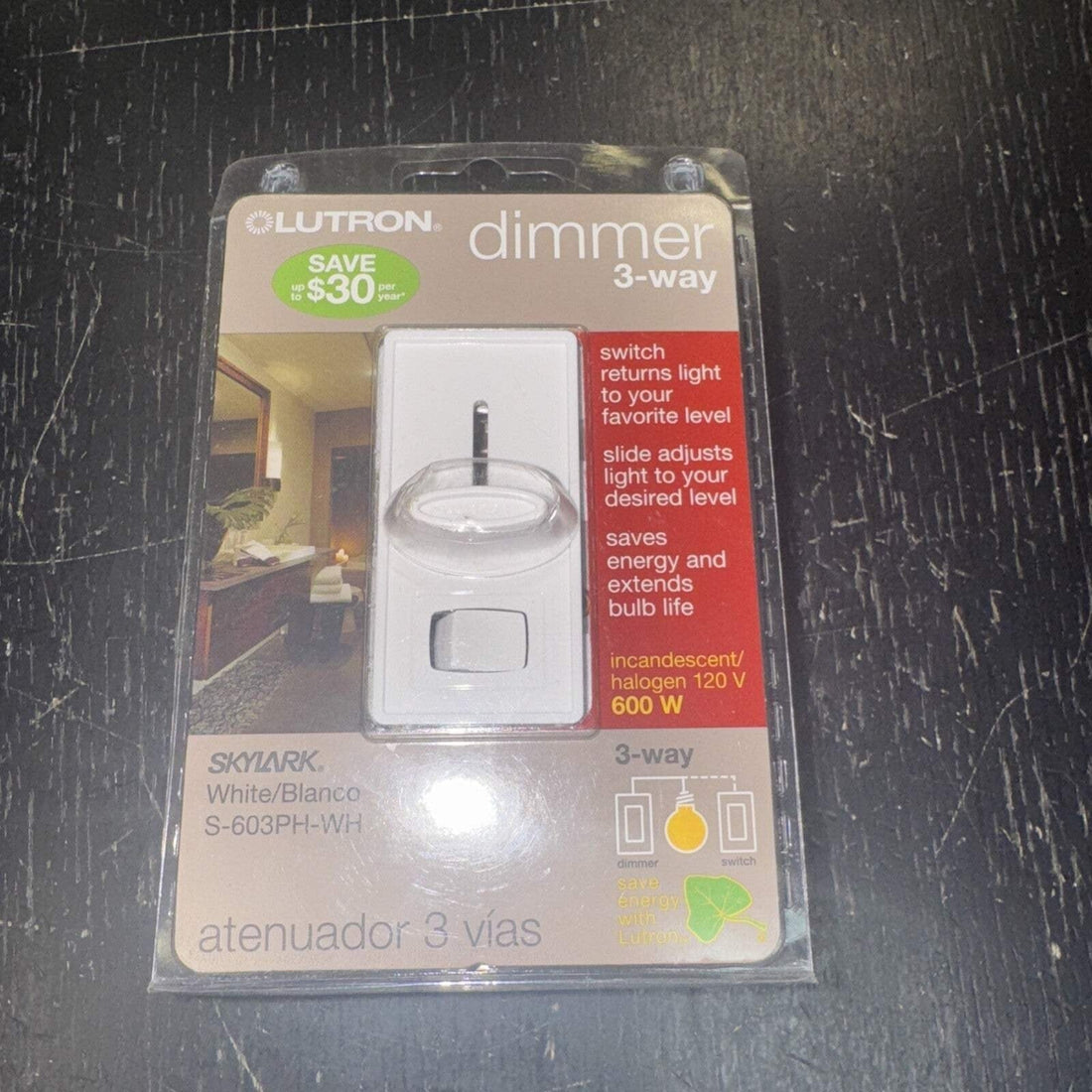 Lutron Skylark S-603PH-WH White 3-Way Incandescent Dimmer Switch