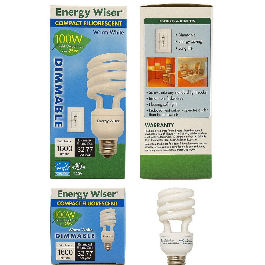 Energy Wiser 23W Dimmable CFL Bulb 100W Eq 1600lm Warm White Spiral E26