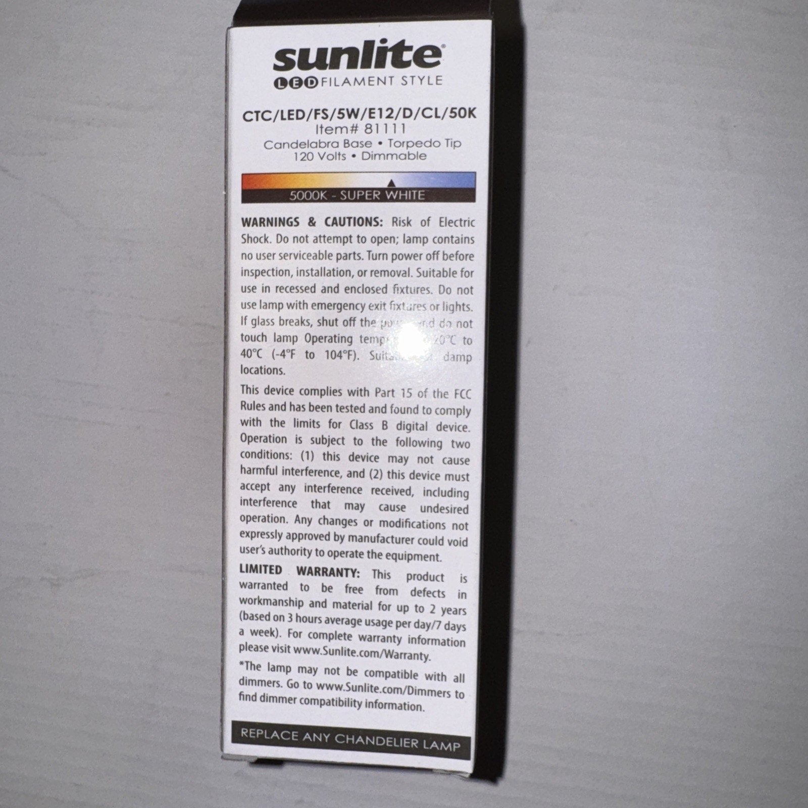 Sunlite Chandelier 5 Watt 120v Item Num.81111 LED 650 Lumens Bulb