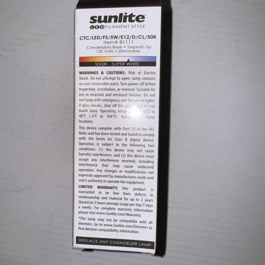 Sunlite Chandelier 5 Watt 120v Item Num.81111 LED 650 Lumens Bulb