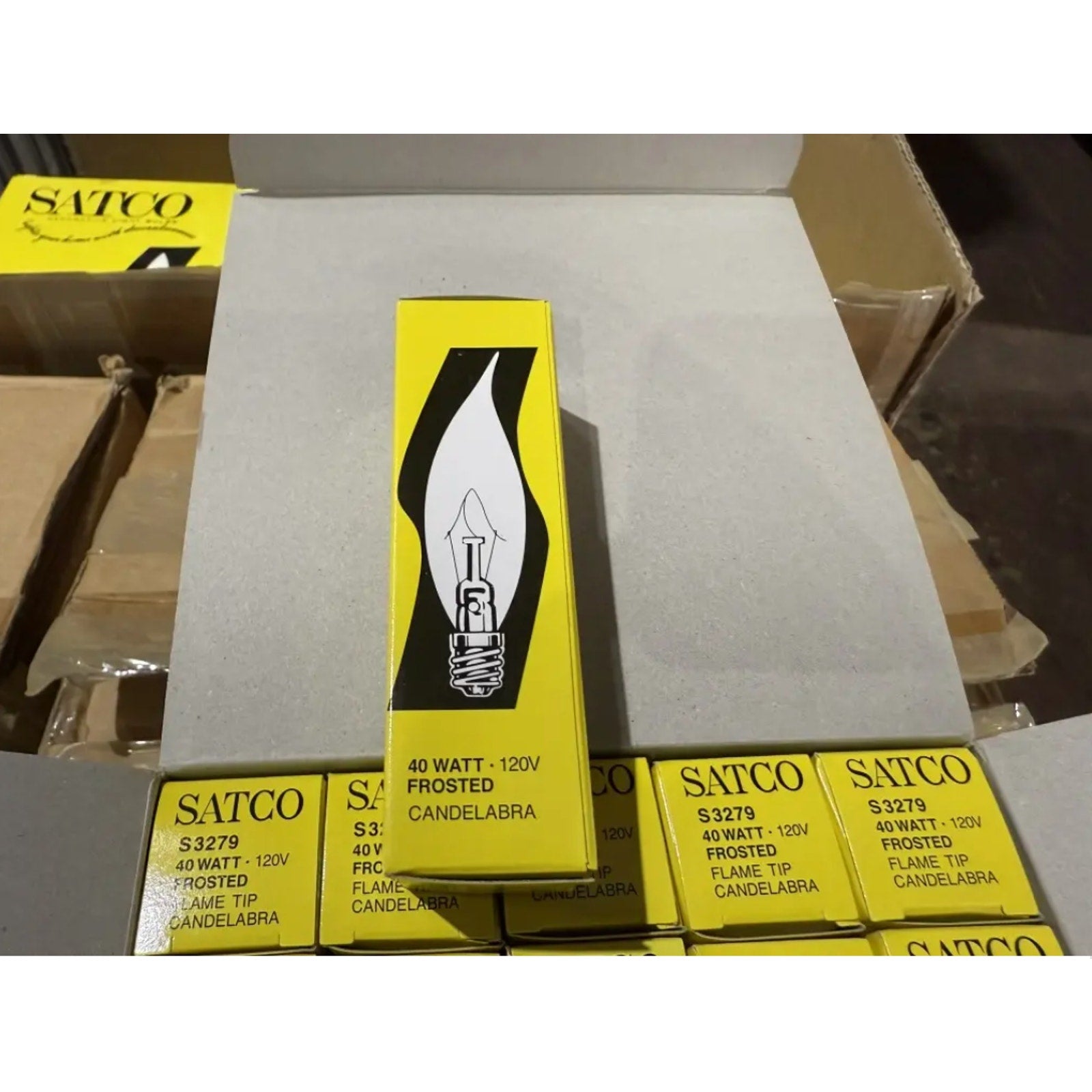 Satco S3279 Candelabra Base Bulbs 40W 120V Frosted Flame Tip Pack of 25