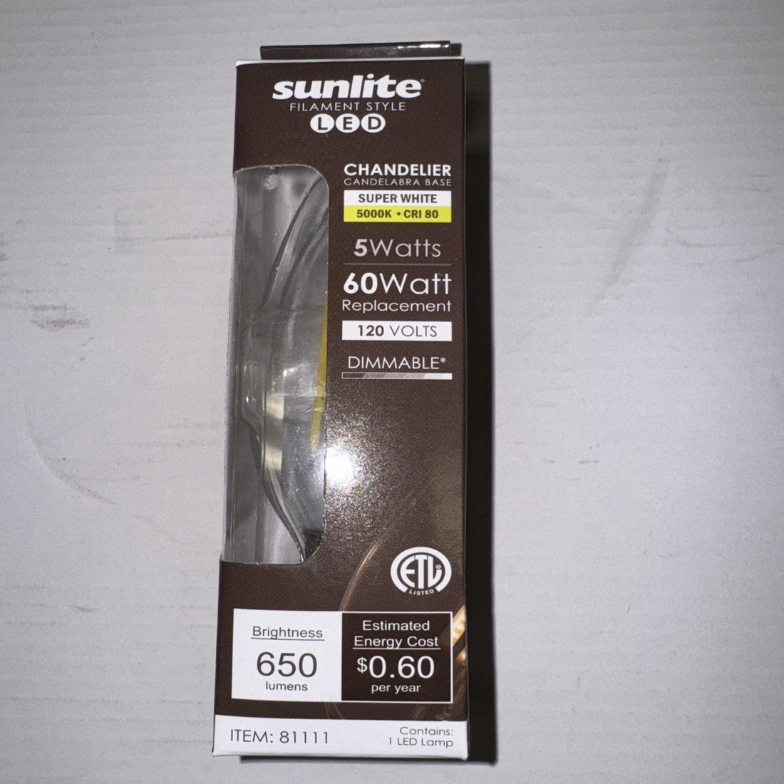Sunlite Chandelier 5 Watt 120v Item Num.81111 LED 650 Lumens Bulb