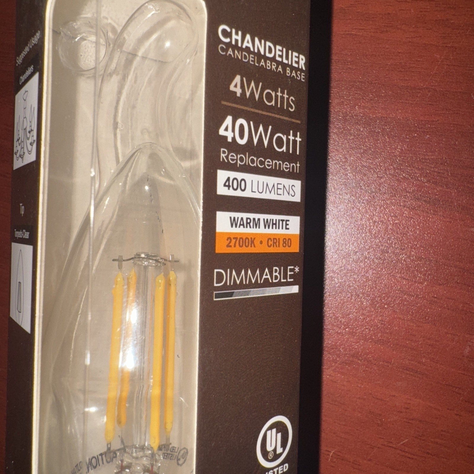Sunlite LED Filament Chandelier Bulb 4W=40W Torpedo Clear Dim 2700K-#80646