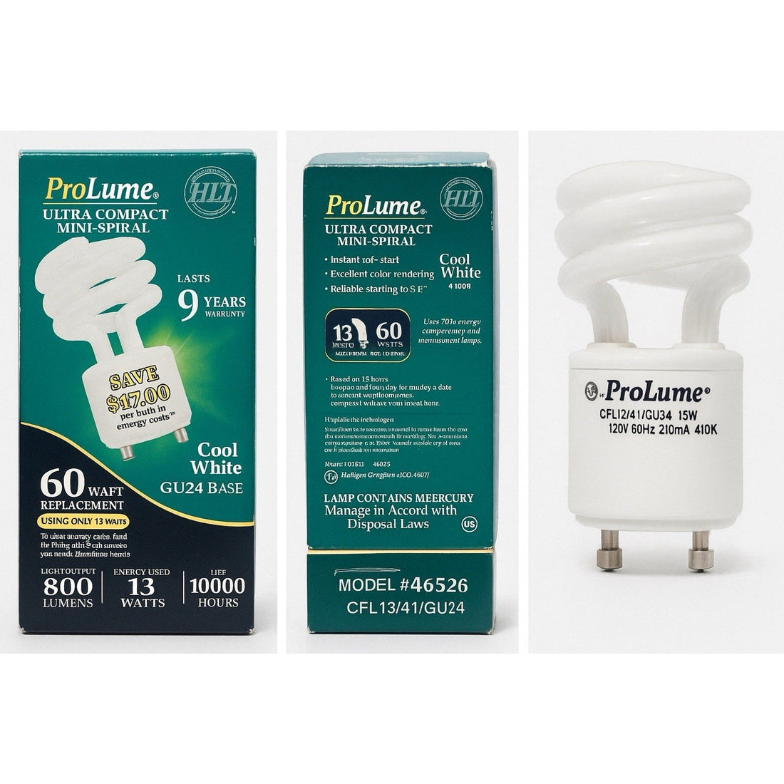 ProLume Ultra Compact Mini-Spiral CFL Bulb 13W = 60W Cool White 10000 HGU24 Base