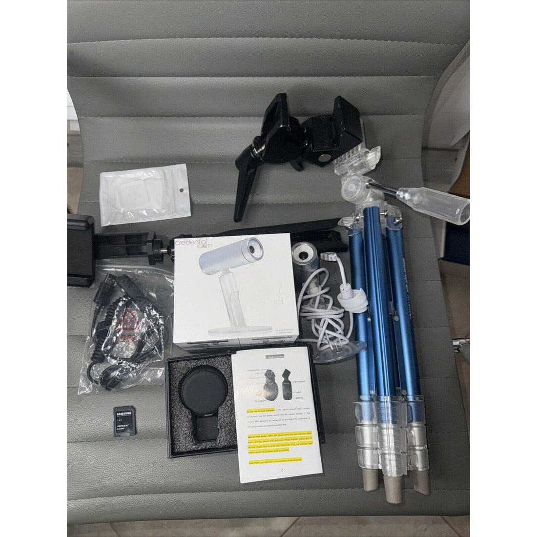 Camera & Tripod Lot — Credential Cam, Blue Aluminum Tripods, Mounts & Accessories