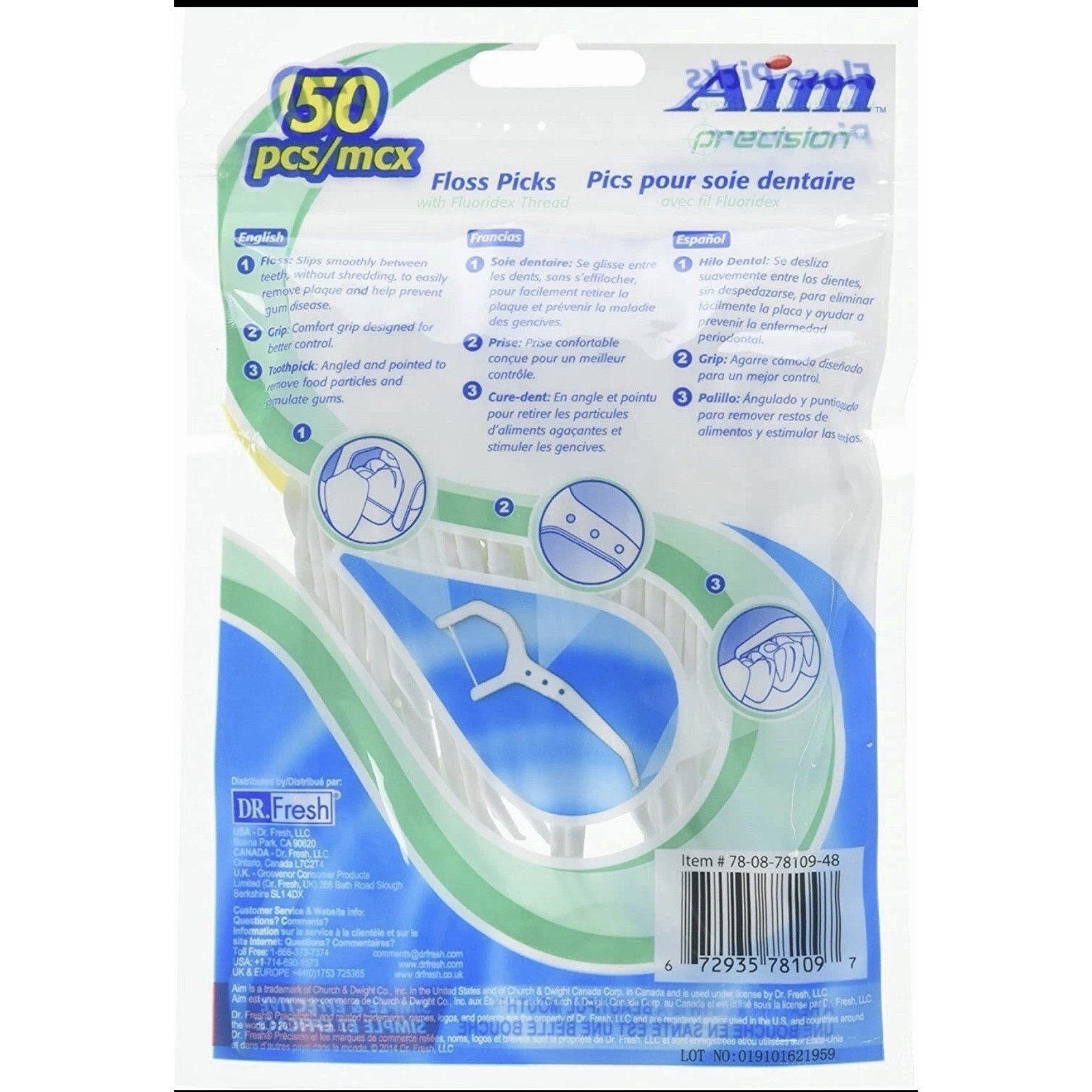 Aim Precision Floss Picks with Fluoridex Thread, 50 Count (3-Pack)