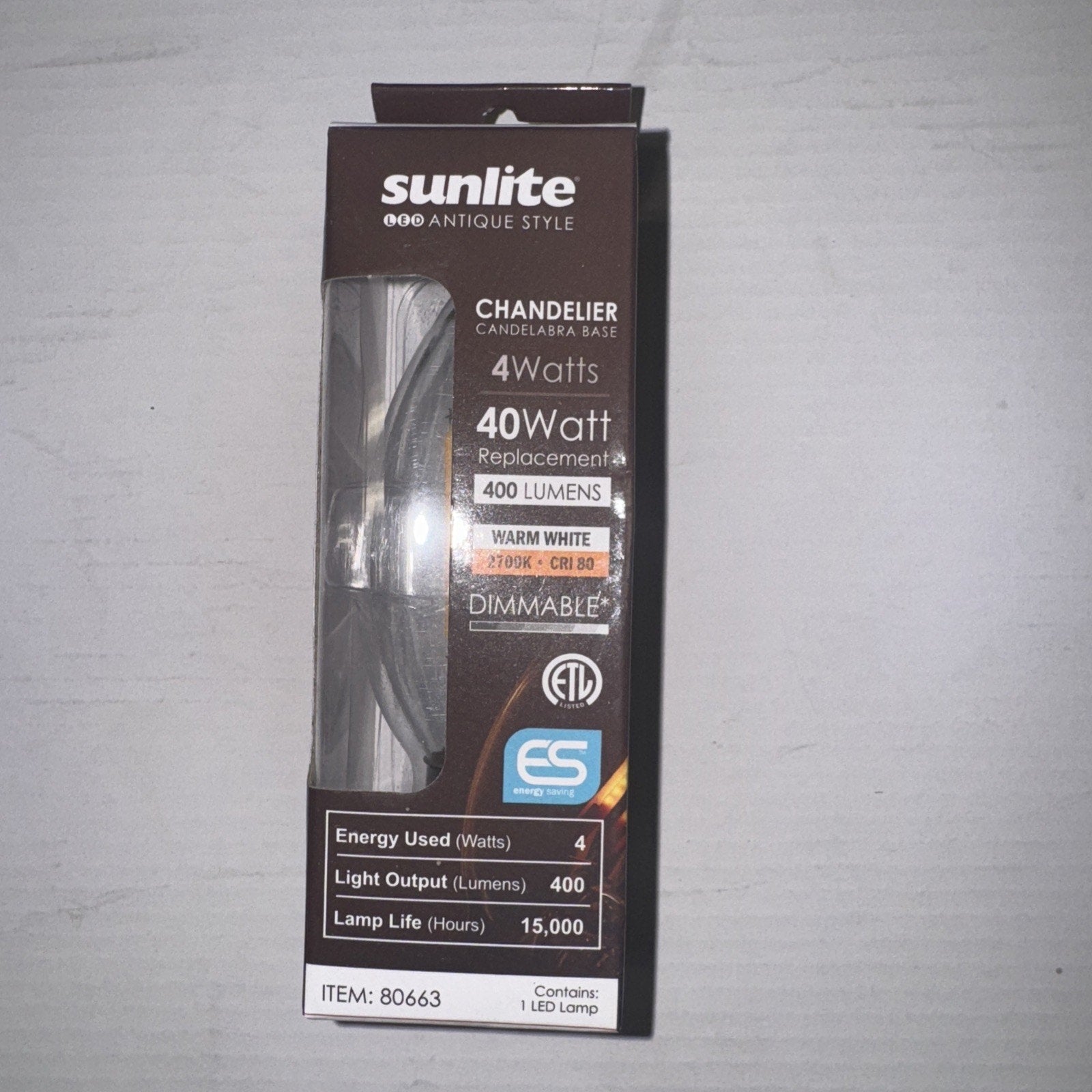 Sunlite LED Filament Chandelier Bulb 4W=40W Torpedo Clear Dim 2700K-Warm White