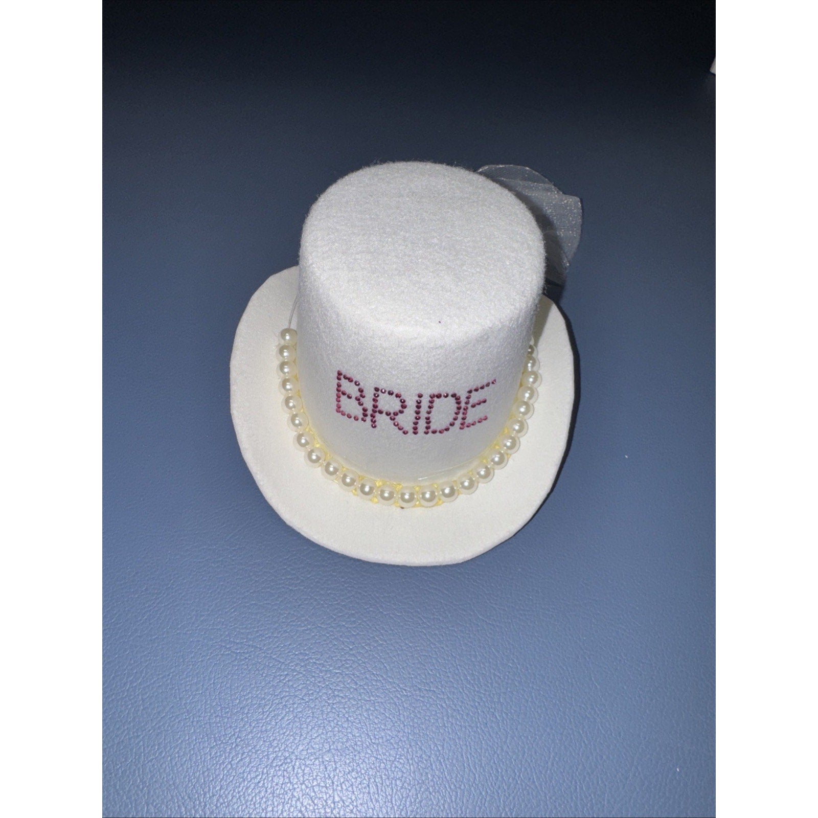 Bride Mini Top Hat Fascinator, Clip-On with Pearls, Tulle & Bow (Bachelorette / Wedding)