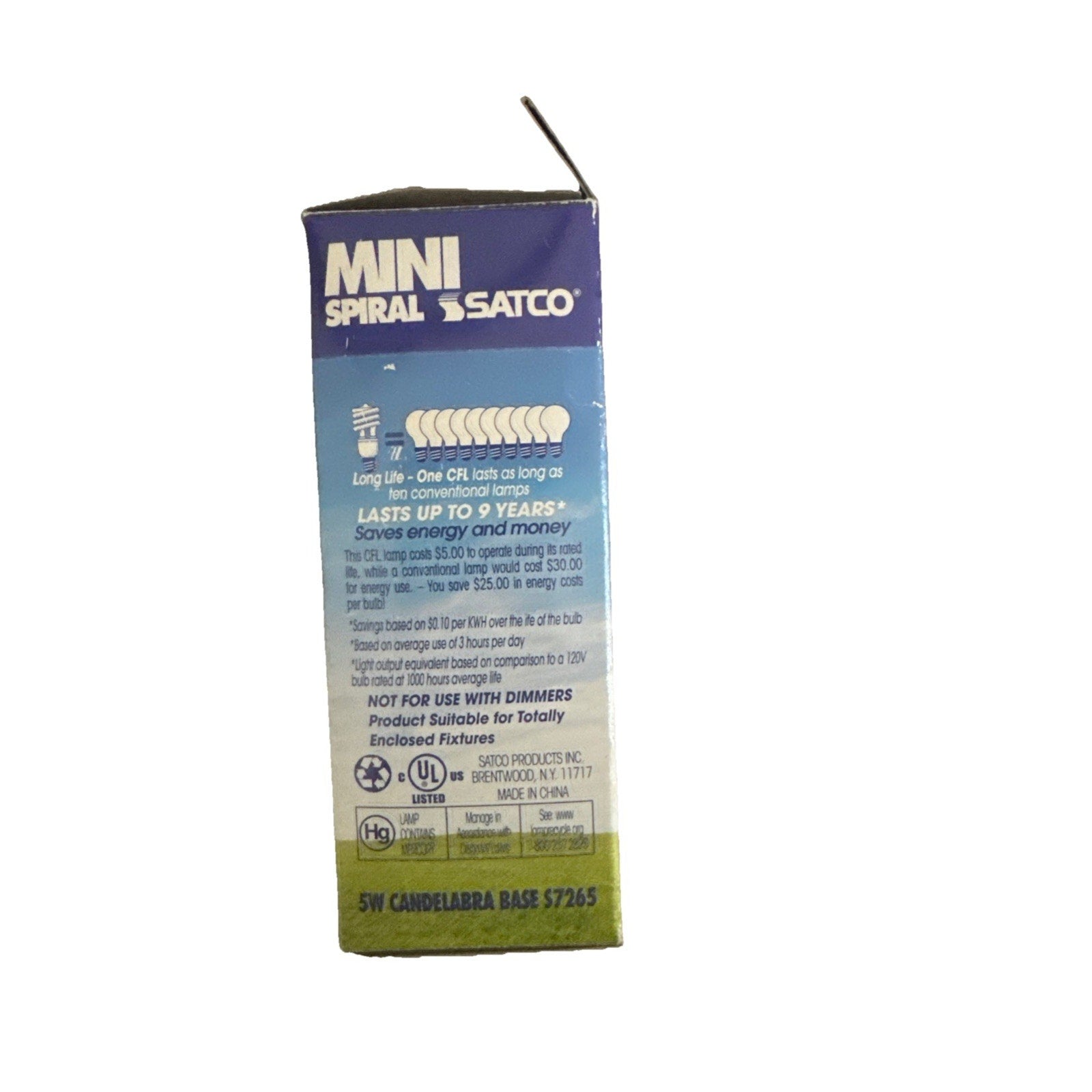 Satco 5W Mini Spiral E12 Candelabra Fluorescent Bulb, 4100K