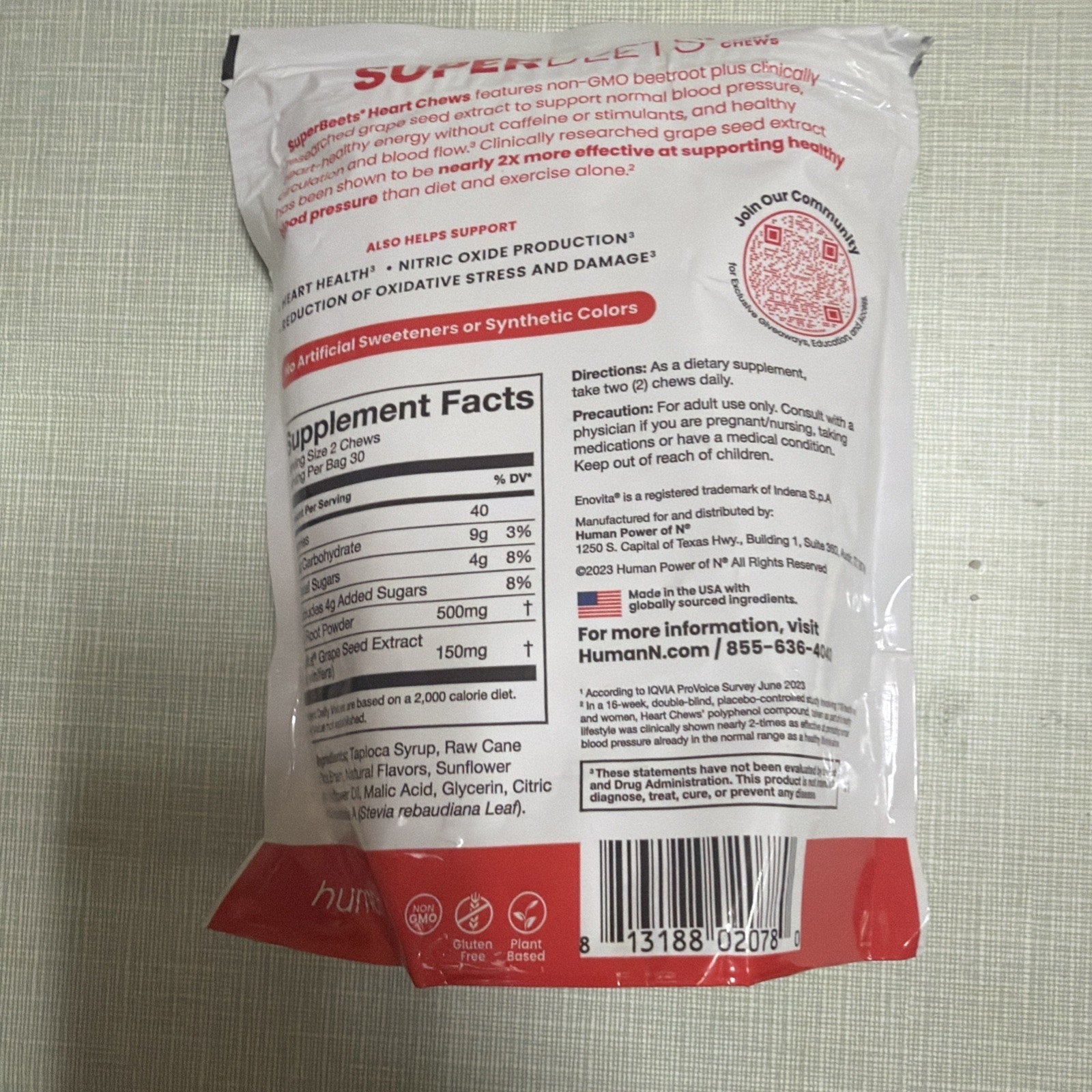 Superbeets Heart Chews, Nitric Oxide & Blood Pressure Support, 60 Count