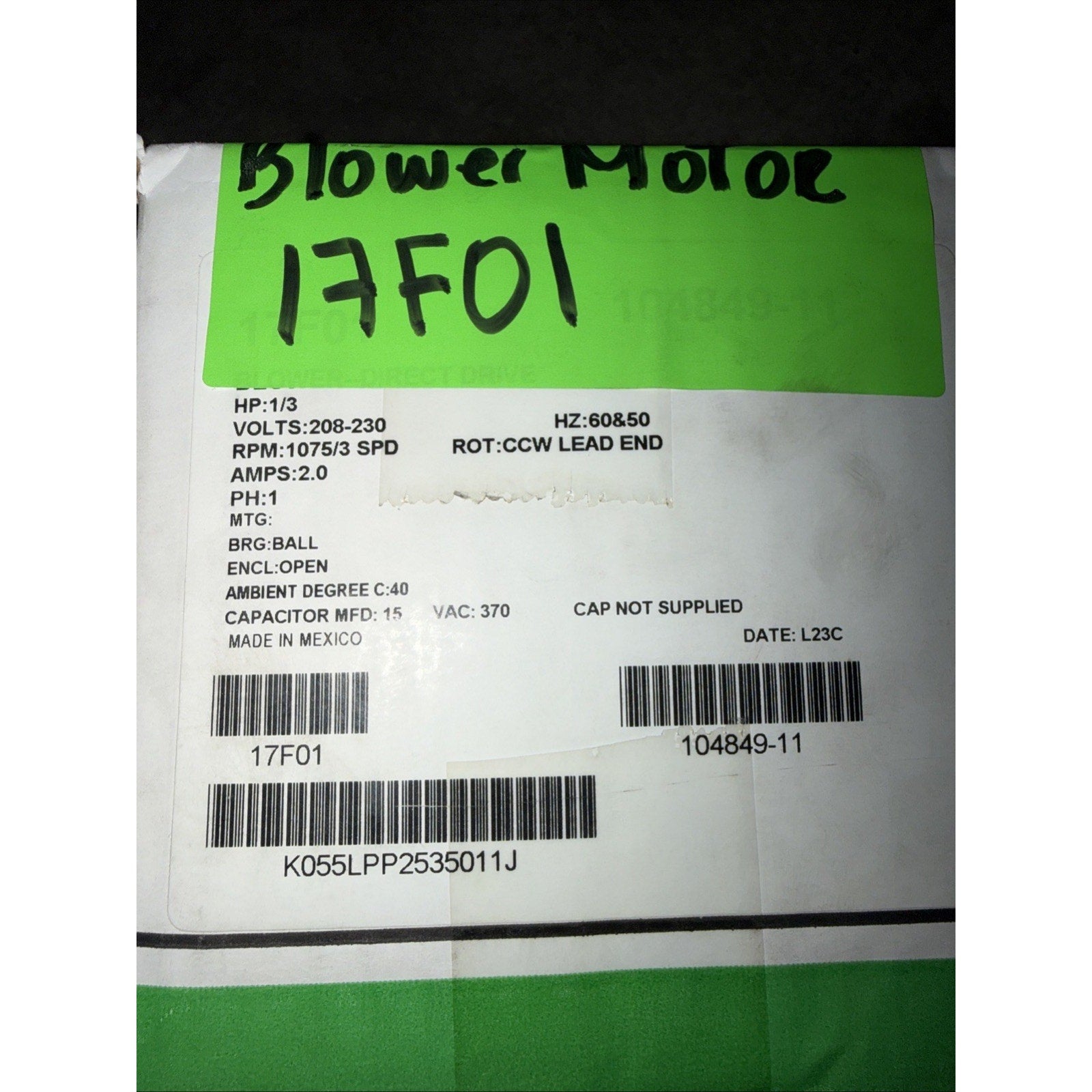 Lennox 17F01 PSC Blower Motor 1/3 HP 208-230V 1075 RPM 3 Speed