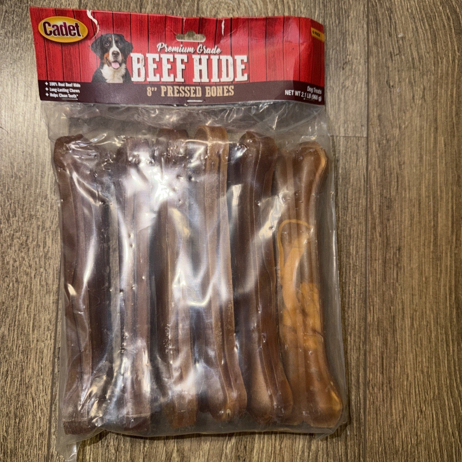 Cadet Pressed Beef Hide Dog Bones — 8 Inch Long-Lasting Rawhide Chews (Best By 9/2026)