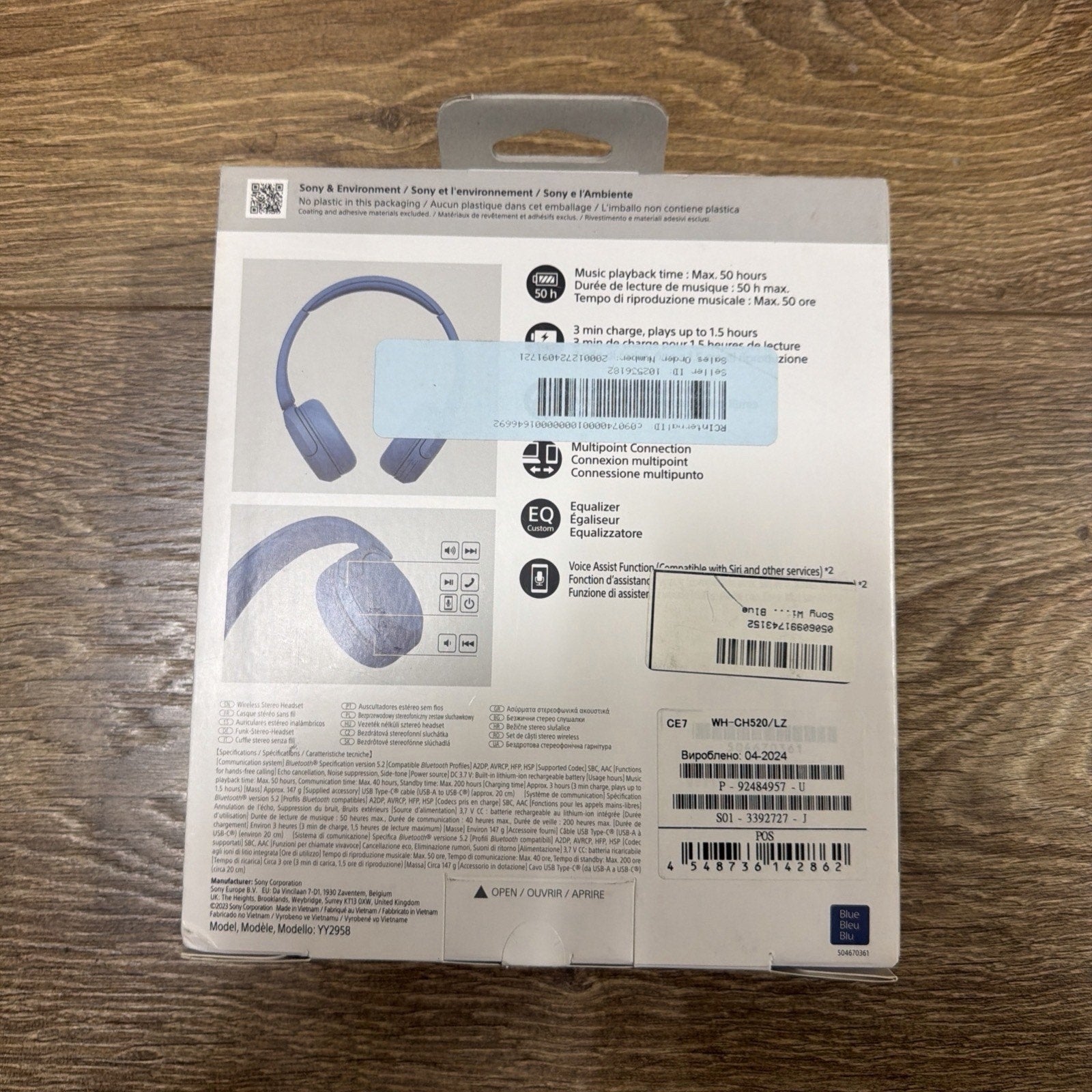 Sony WH-CH520 Wireless On-Ear Bluetooth Headphones with Microphone, Blue