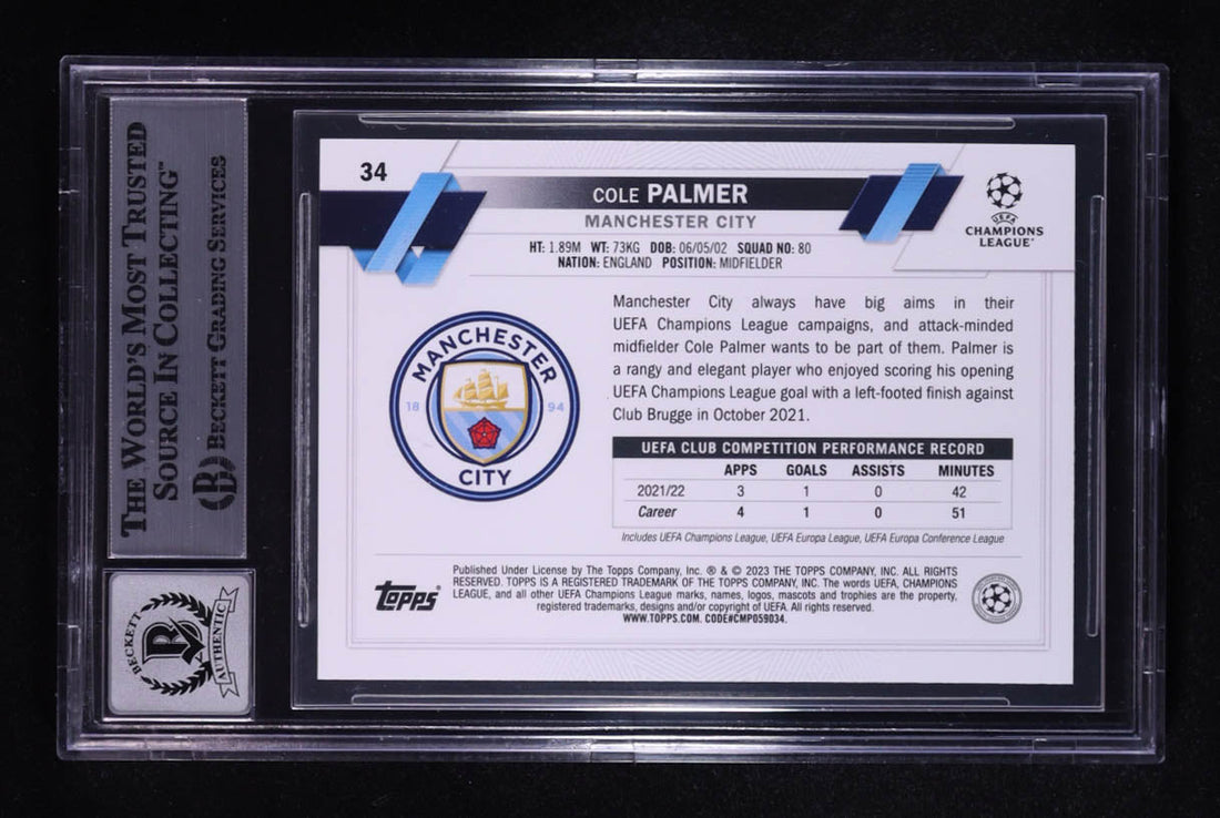 Cole Palmer Signed 2022-23 Topps UEFA Club Competitions Autograph Beckett 10