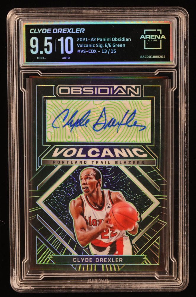 Clyde Drexler 2021-22 Panini Obsidian Volcanic Signatures Electric Etch Green #22 #13/15 (Arena 9.5 | Autograph )