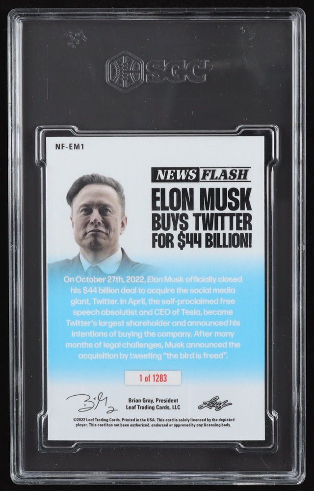 Elon Musk 2022 Leaf Pop Century News Flash "ELON MUSK BUYS TWITTER"  #NFEM1 (SGC 9.5)