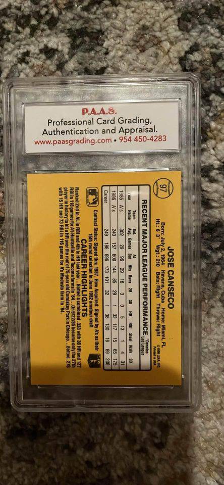 Jose Canseco 1987 Donruss Rookie Oakland Athletics MLB Card PAAS 8.5