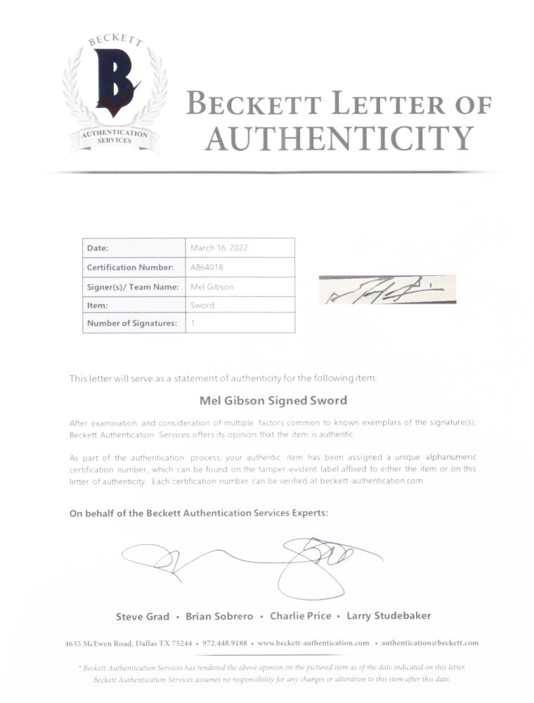 Mel Gibson Signed Braveheart Replica Sword (Beckett)