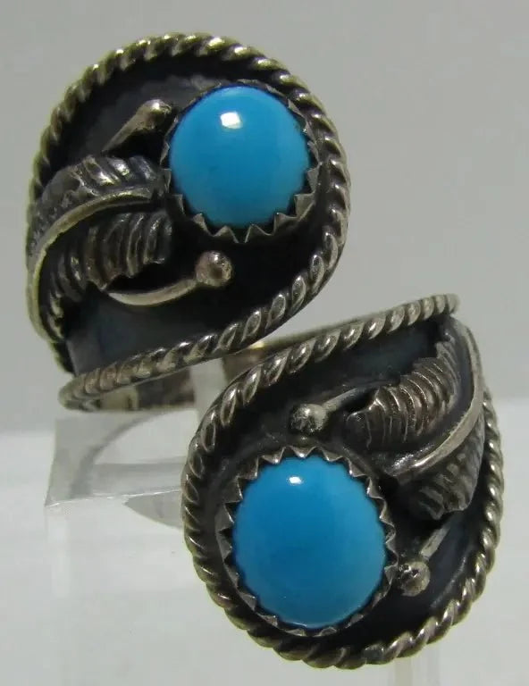 Sleeping Beauty Turquoise Bypass Ring, Sterling Silver, Southwestern Feather Design