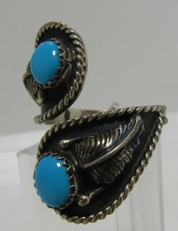 Sleeping Beauty Turquoise Bypass Ring, Sterling Silver, Southwestern Feather Design