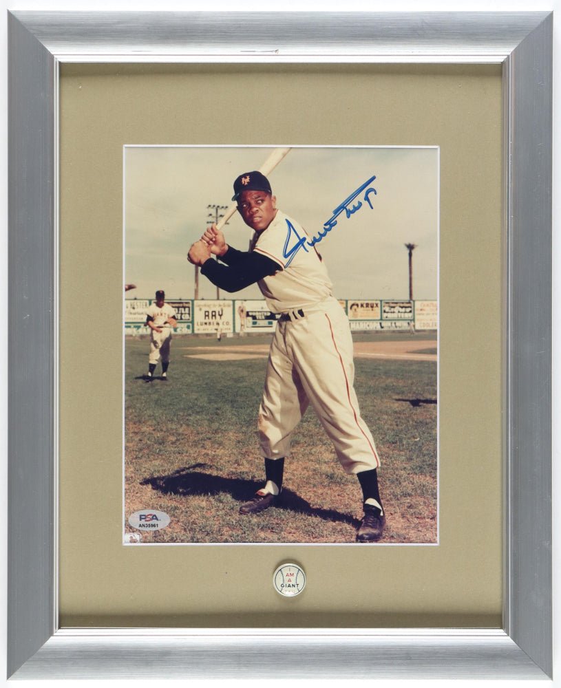 Willie Mays Signed Giants Framed Photo with 1955 Pin (PSA)