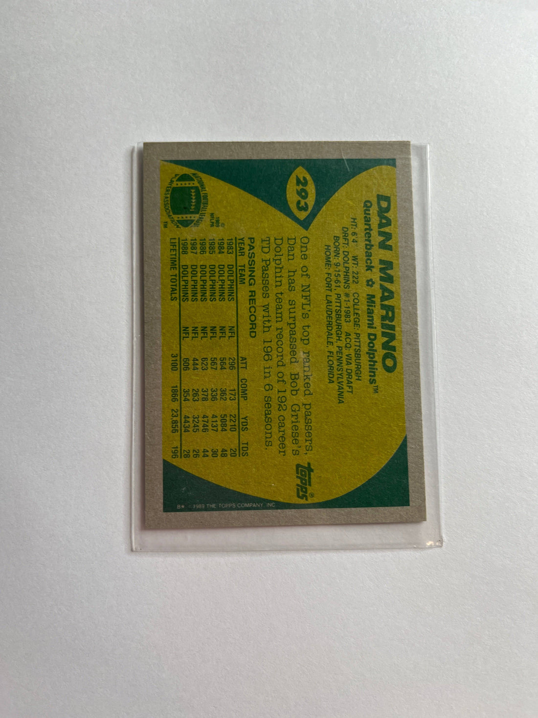 Dan Marino 1989 Topps #293 Miami Dolphins NFL Football Trading Card Vintage