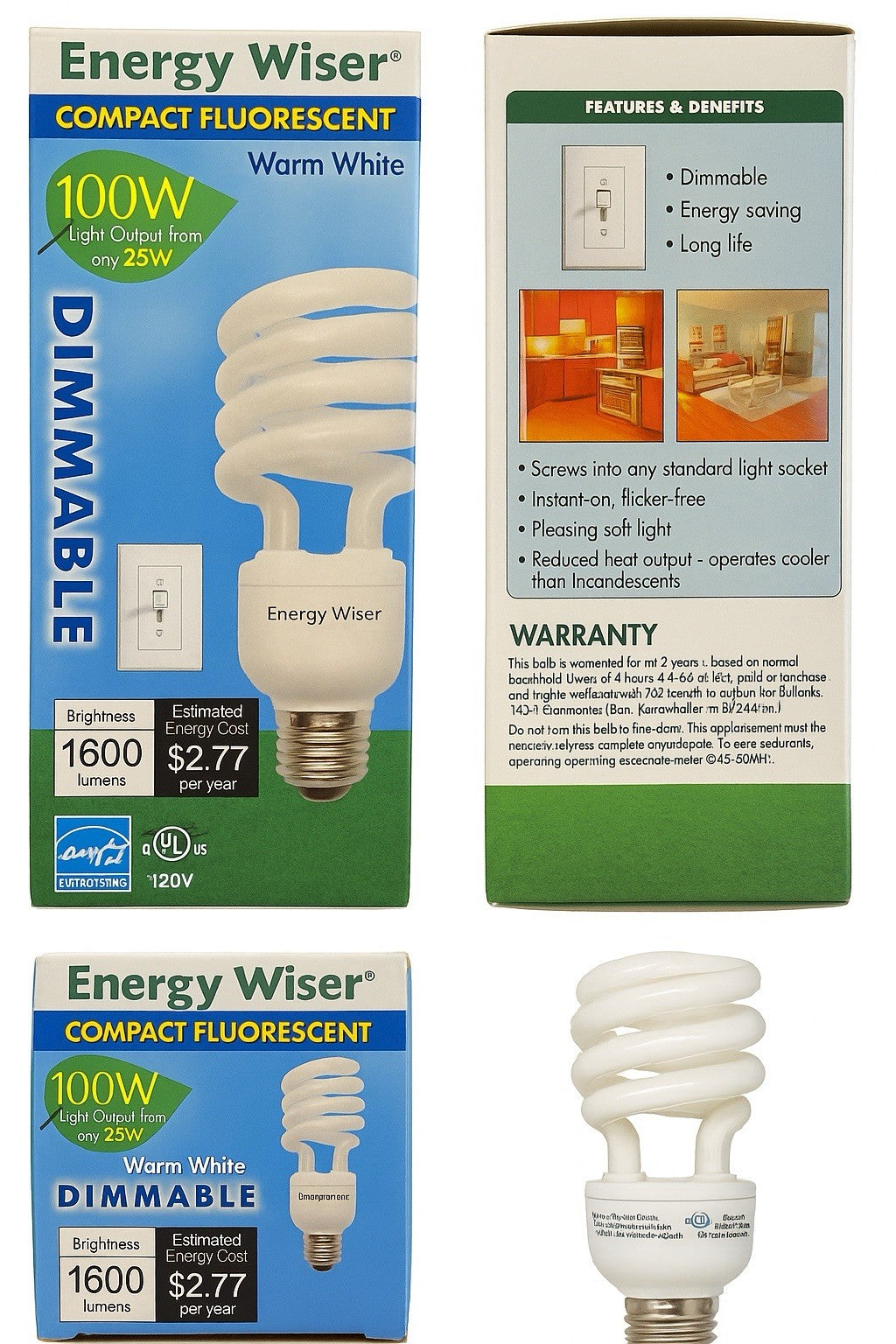 Energy Wiser 23W Dimmable CFL Bulb 100W Eq 1600lm Warm White Spiral E26