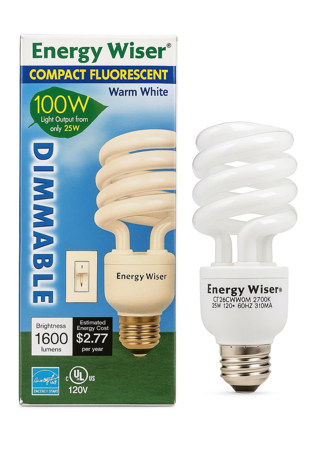 Energy Wiser 23W Dimmable Spiral CFL Bulb 100W Eq 1600 Lumens Warm White