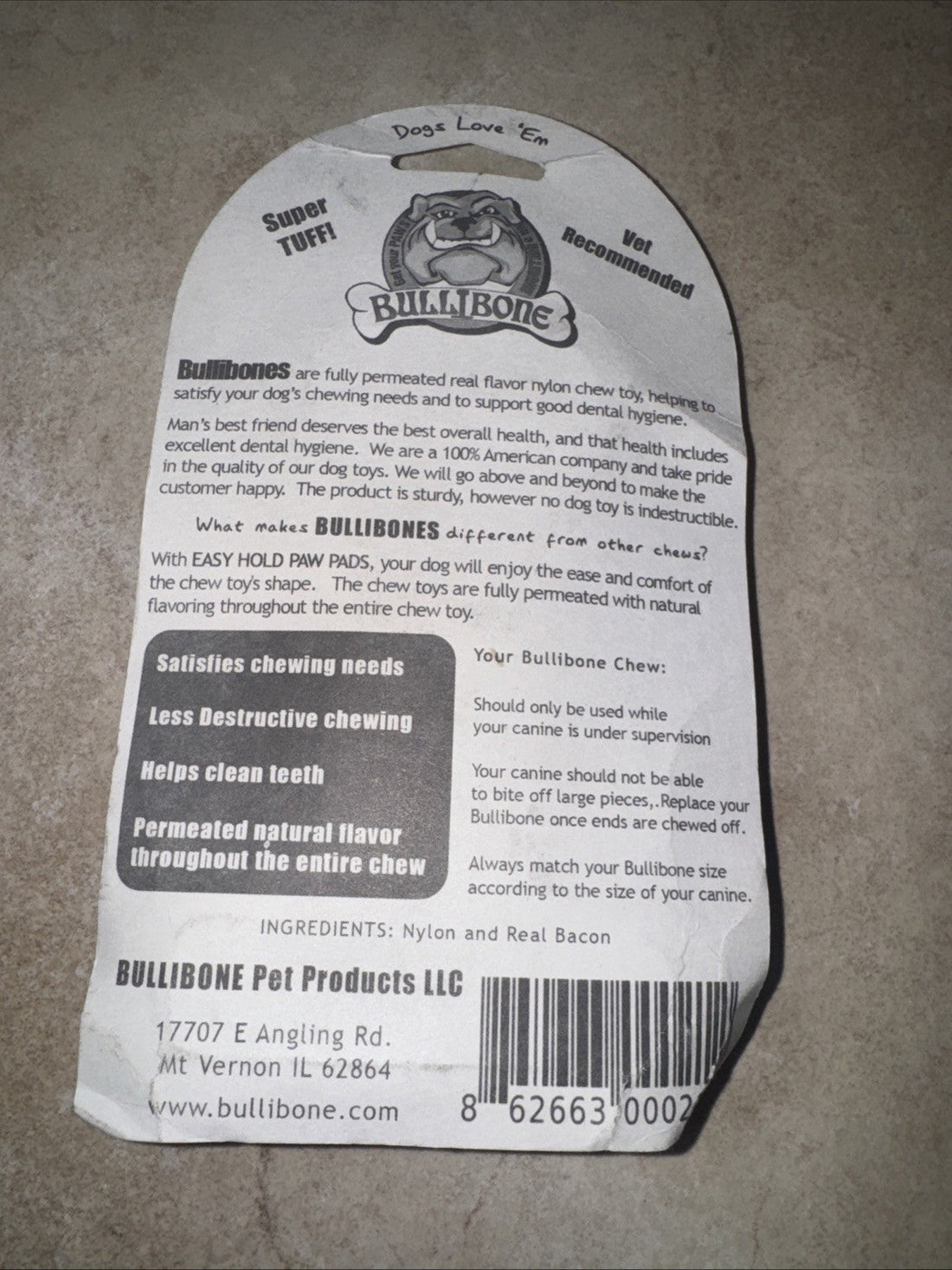 Bullibone Tuff Stuff Super Chew Small Bacon Nylon Dog Bone, USA Made