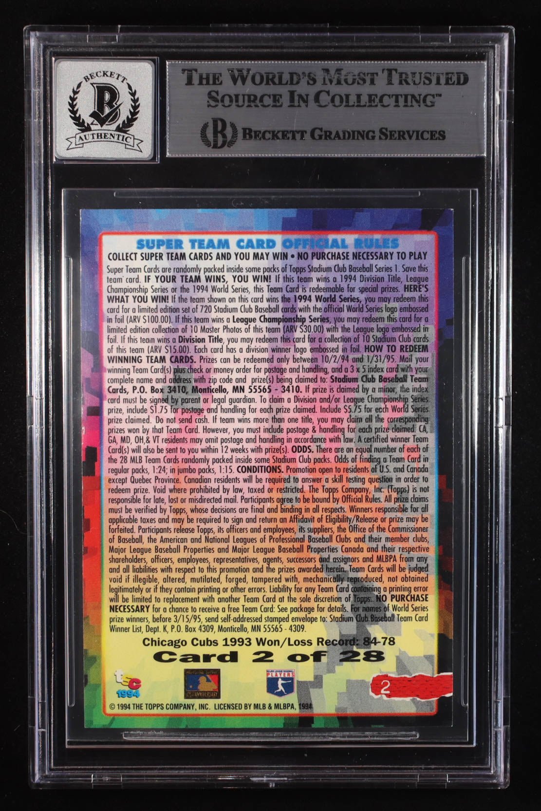 Sammy Sosa 1994 ST2 Autographed Stadium Club Card BGS 10